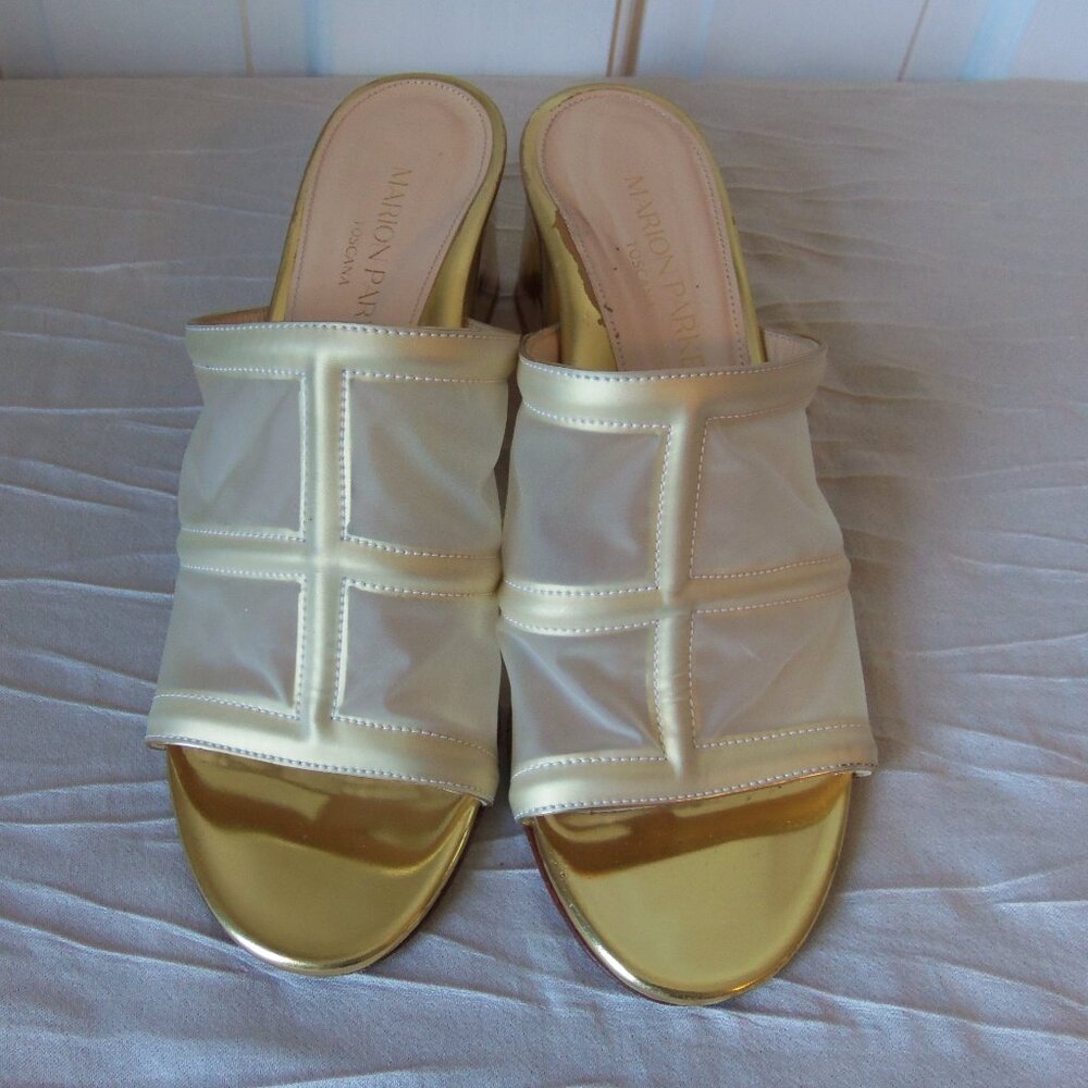 Marion Parke Bea Gold Block Heel Sandal sz 37.5